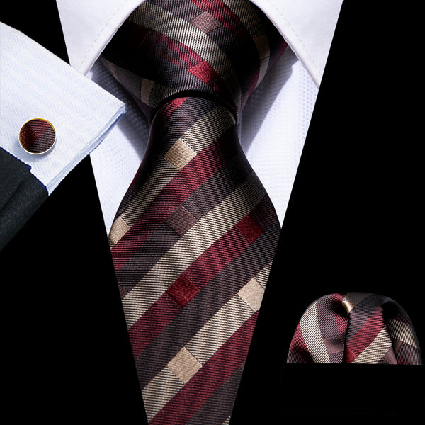 Red Khaki Brown Striped Necktie Pocket Square Cufflinks Set