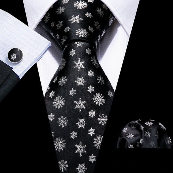 Christmas Black Snowflake Necktie Pocket Square Cufflinks Set