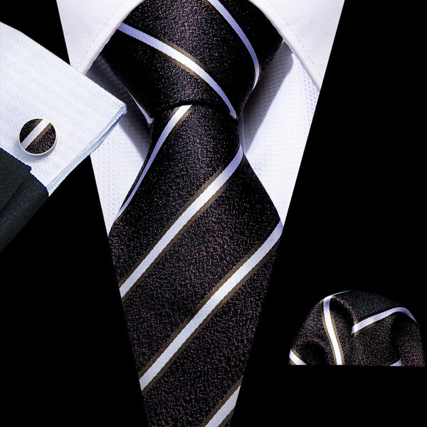 Shiny Black White Striped Necktie Pocket Square Cufflinks Set