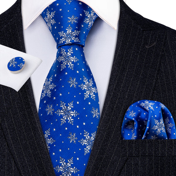 Blue Snow Floral Men's Tie Pocket Square Cufflinks Set