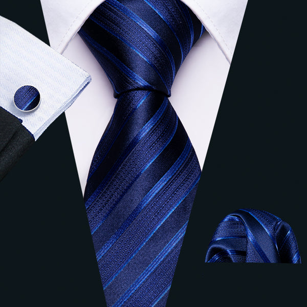 Royal Blue Striped Floral Men's Tie Pocket Square Cufflinks Set