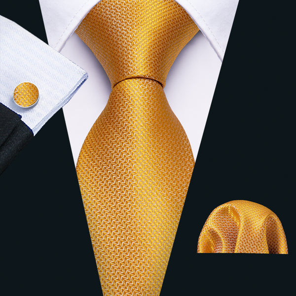 Golden Solid Men's Tie Pocket Square Cufflinks Set