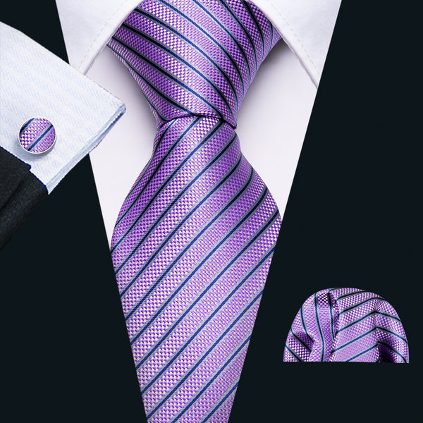 Purple Striped Men's Tie Pocket Square Cufflinks Set