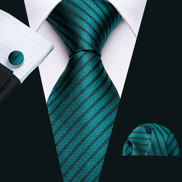 Teal Blue Striped Men's Tie Pocket Square Cufflinks Set