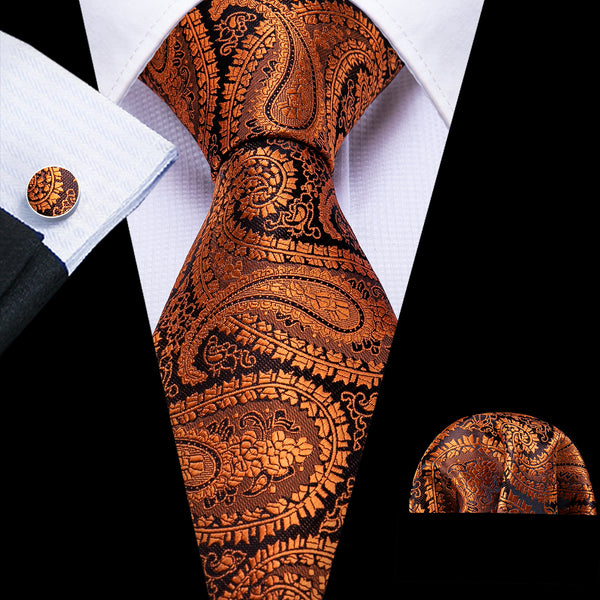 Black Orange Paisley Men's Tie Pocket Square Cufflinks Set