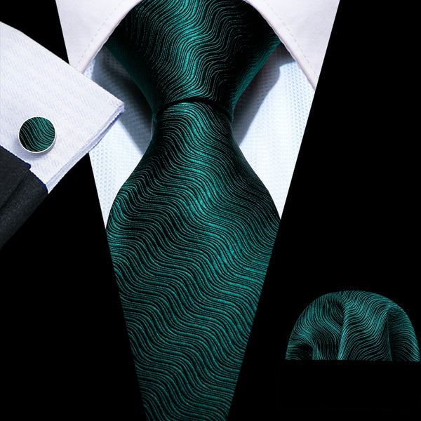 Dark Green Striped Men's Tie Pocket Square Cufflinks Set