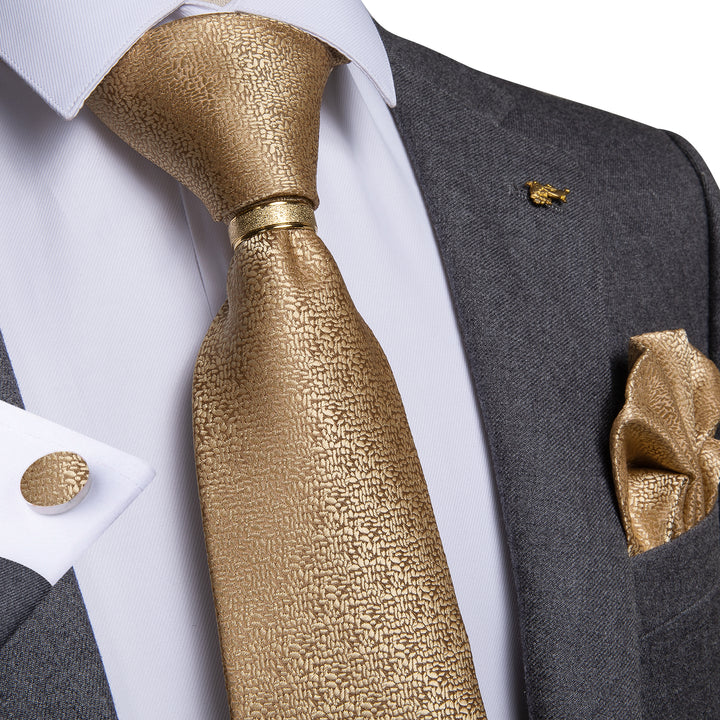 Champagne Golden Solid silk Tie with mens tie ring