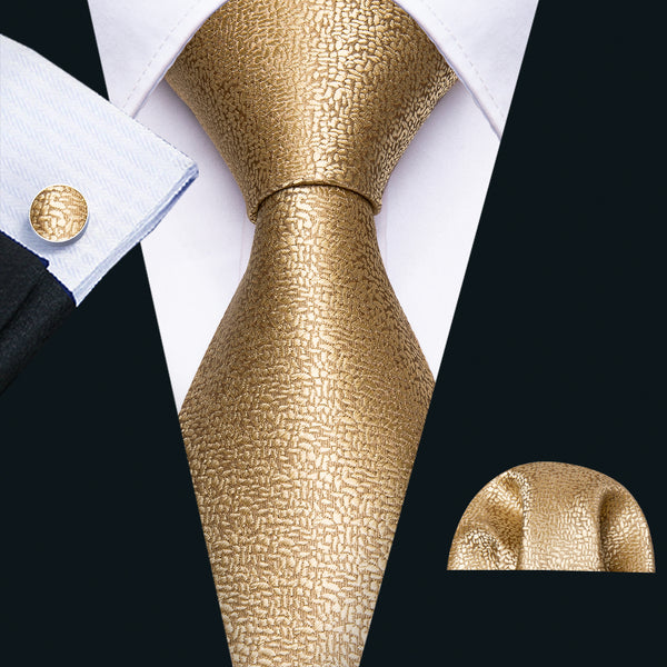 Champagne Golden Solid Men's Tie Pocket Square Cufflinks Set