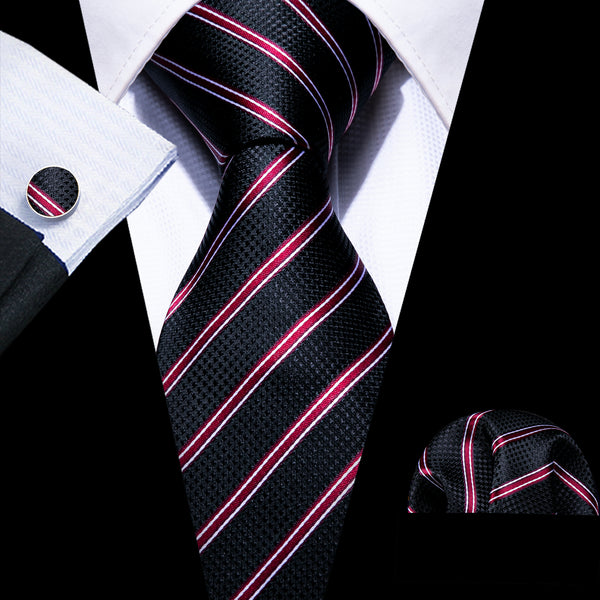 Ties2you Black Tie Fuchsia Striped Men's Tie Pocket Square Cufflinks Set