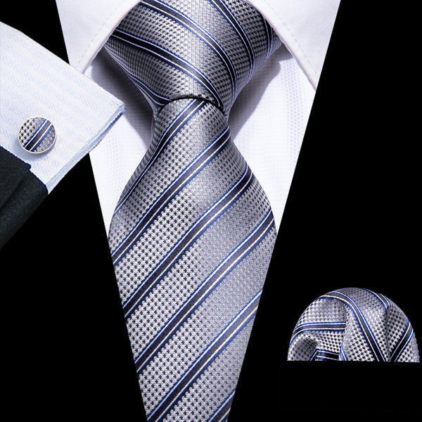 Grey Striped Men's Tie Pocket Square Cufflinks Set