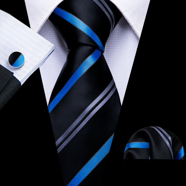 New Blue Black Striped Men's Tie Pocket Square Cufflinks Set