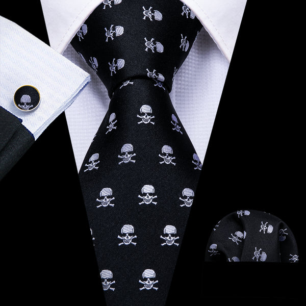 New Black Skull Novelty Men's Tie Pocket Square Cufflinks Set