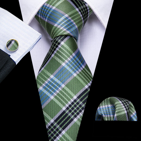 Green Black Plaid Men's Tie Pocket Square Cufflinks Set