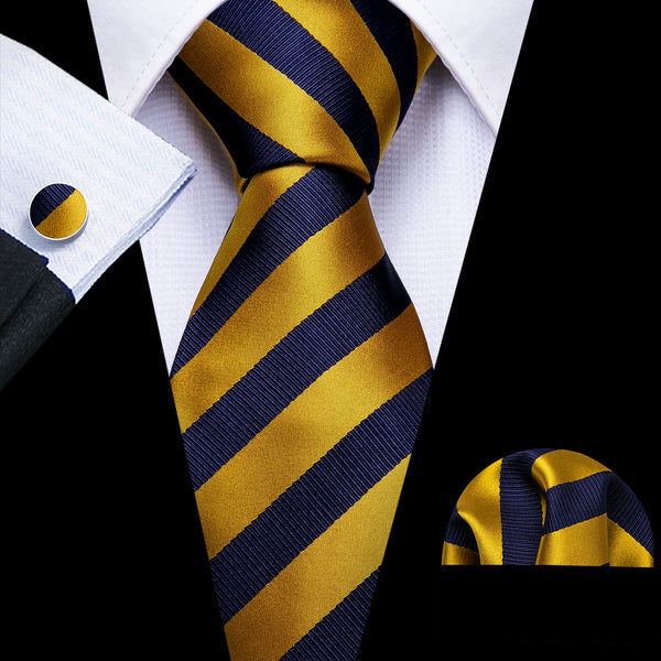 New Navy Blue Golden Striped Men's Tie Pocket Square Cufflinks Set