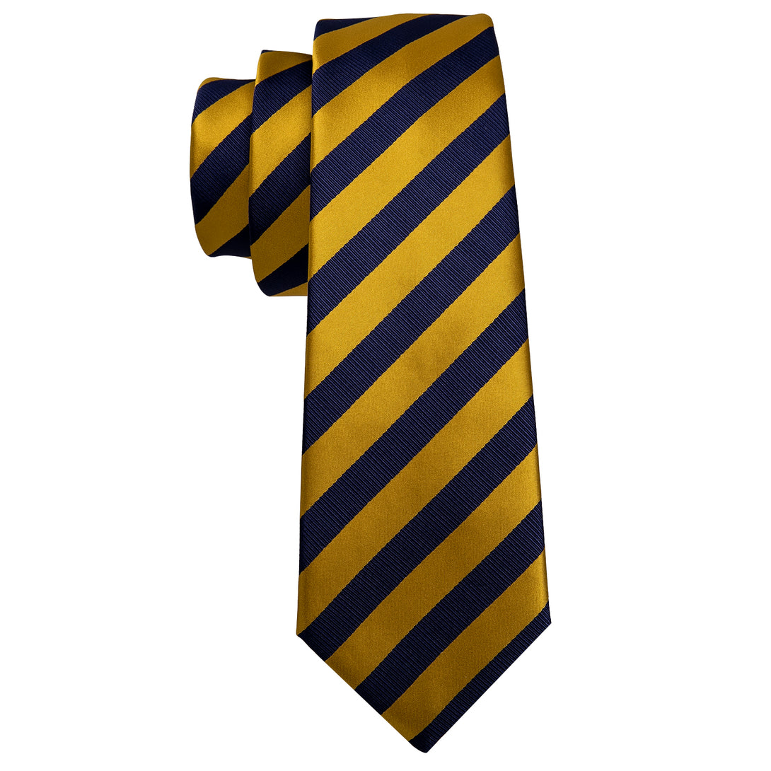 New Navy Blue Golden Striped Men's Tie Pocket Square Cufflinks Set ...