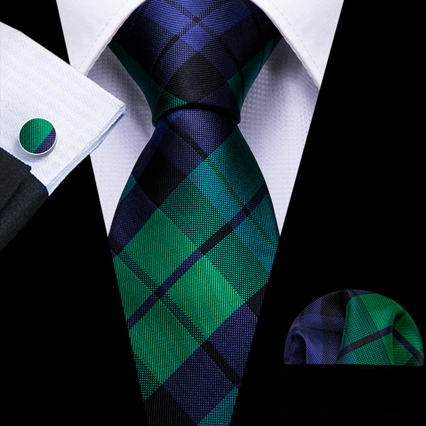 New Deep Green Blue Plaid Men's Tie Pocket Square Cufflinks Set