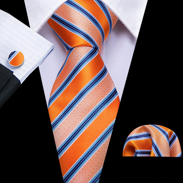 Orange Pink Striped Men's Tie Pocket Square Cufflinks Set