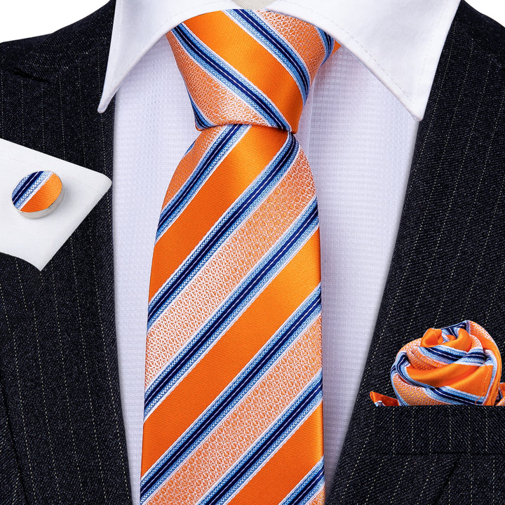 Orange blue striped silk tie handkerchief cufflinks set for mens suit or mens shirt