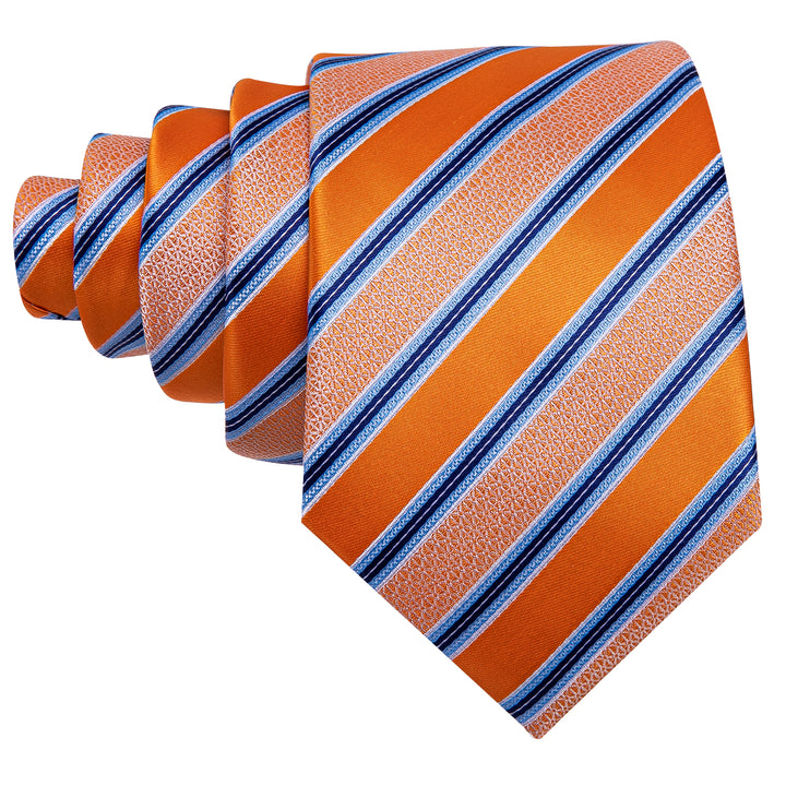 Orange blue striped silk tie handkerchief cufflinks set for mens suit or mens shirt