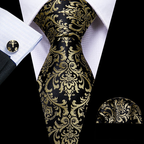 New Black Champagne Floral Men's Tie Pocket Square Cufflinks Set