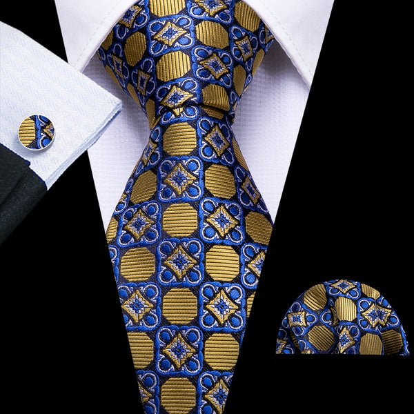 New Blue Golden Floral Men's Tie Pocket Square Cufflinks Set