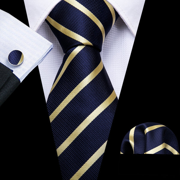 New Deep Blue Champagne Striped Men's Tie Pocket Square Cufflinks Set