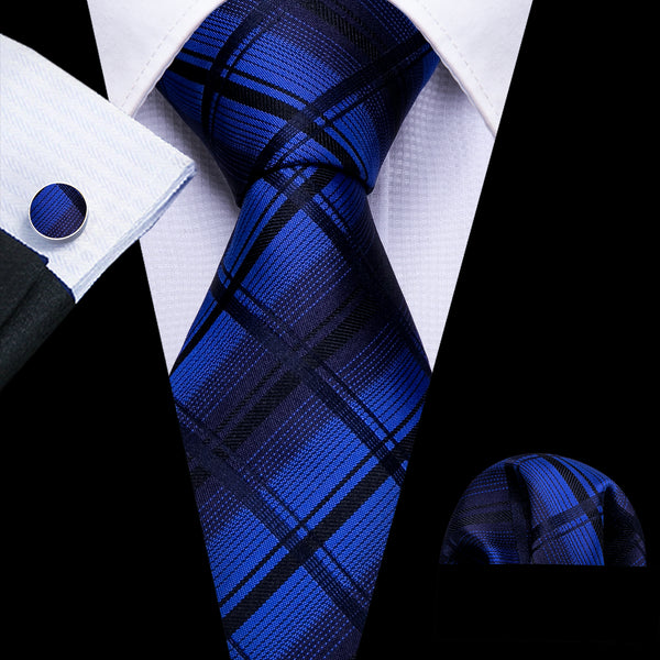 Blue Black Plaid Tie Pocket Square Cufflinks Set