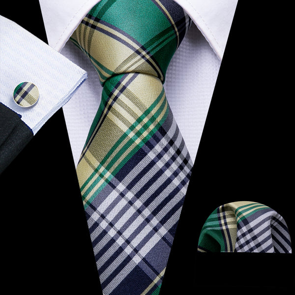Green White Yellow Plaid Tie Pocket Square Cufflinks Set