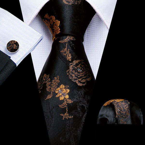 New Black Golden Floral Men's Tie Pocket Square Cufflinks Set