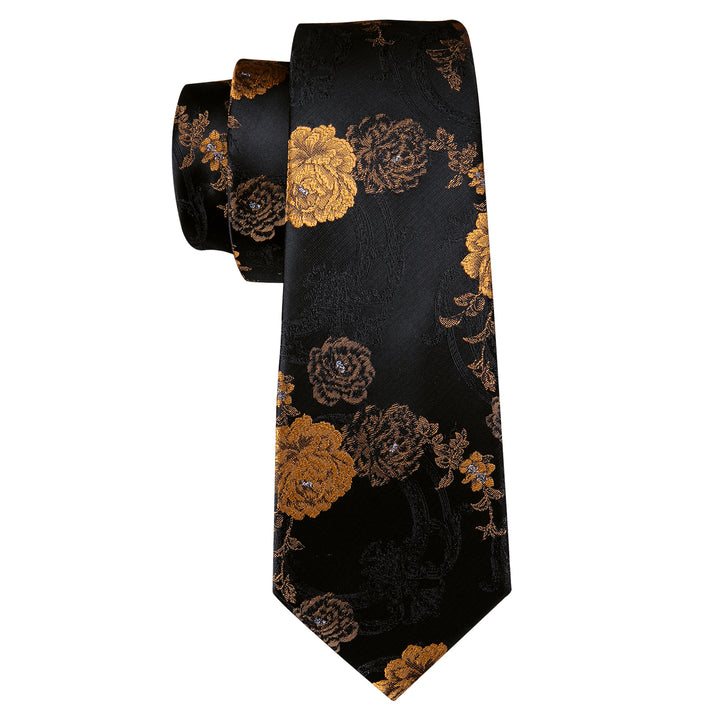 mens black gold neck tie flowers