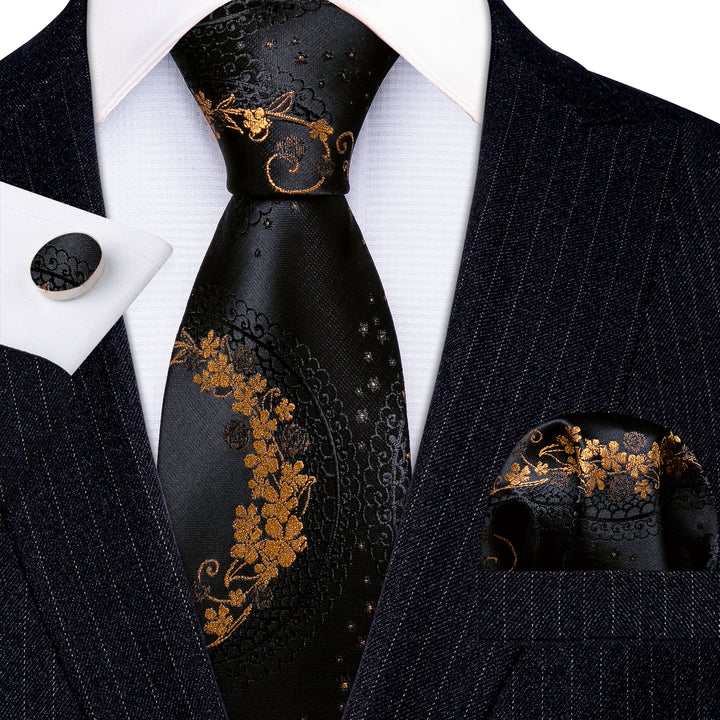 mens silk floral gold black tie set
