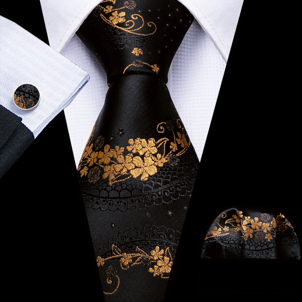 mens silk floral  gold black tie set