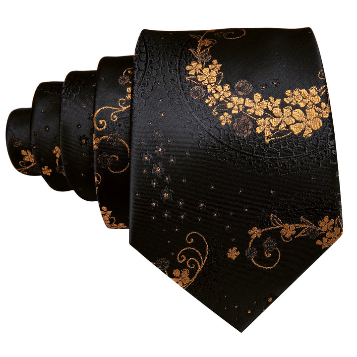 mens silk floral gold black tie set