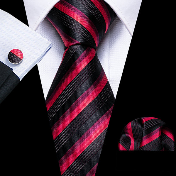 Red Black Striped Men's Silk Tie Handkerchief Cufflinks Set