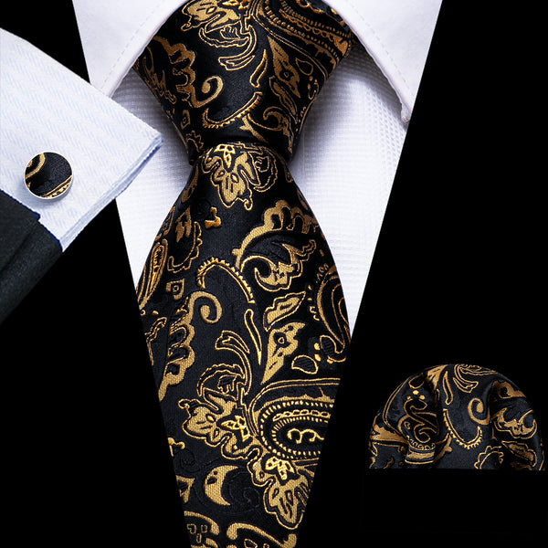 Black Golden Floral Men's Silk Tie Handkerchief Cufflinks Set