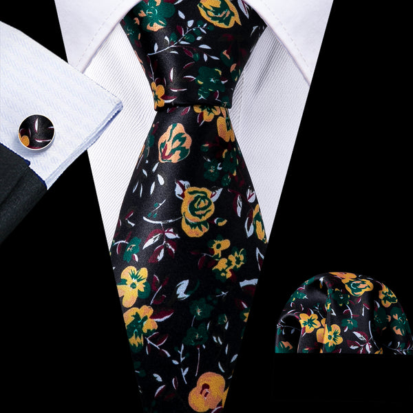 Black Yellow Floral Men's Tie Pocket Square Cufflinks Set