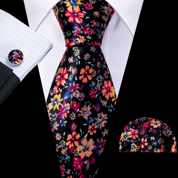 Black Pink Floral Men's Tie Pocket Square Cufflinks Set