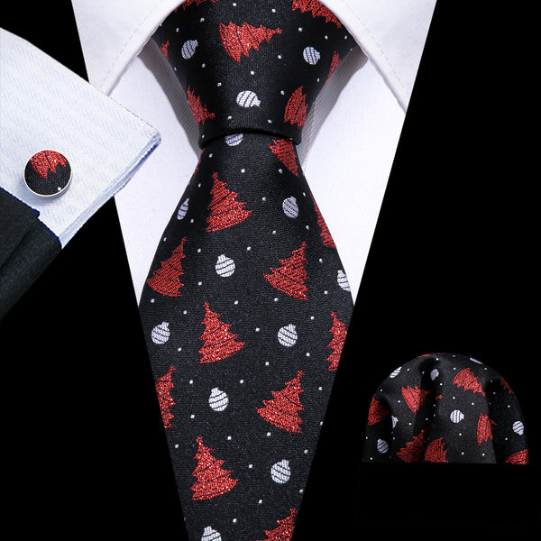 Xmas Black Red Novelty Men's Tie Pocket Square Cufflinks Set