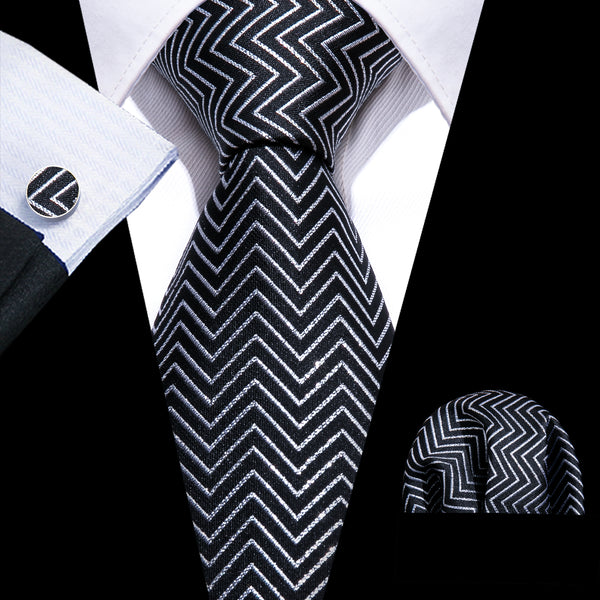 Black Wave Striped Men's Tie Handkerchief Cufflinks Set