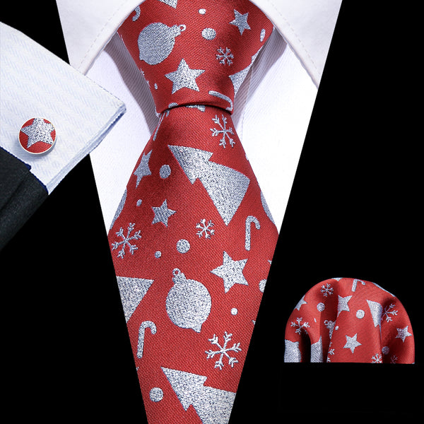 Christmas Red Silver Grey Christmas Tree Snow Novelty Men's Necktie Pocket Square Cufflinks Set