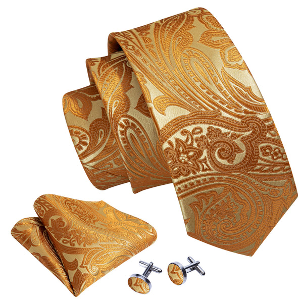 Shining Golden Paisley Silk Men's Necktie Pocket Square Cufflinks Set