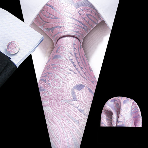 pink sliver floral mens silk tie handkerchief cufflinks set for mens suit