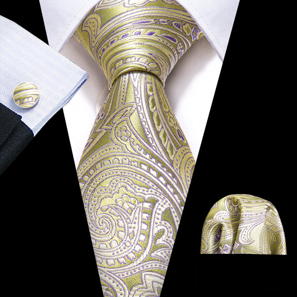 Shining Yellow Paisley Silk Men's Necktie Pocket Square Cufflinks Set
