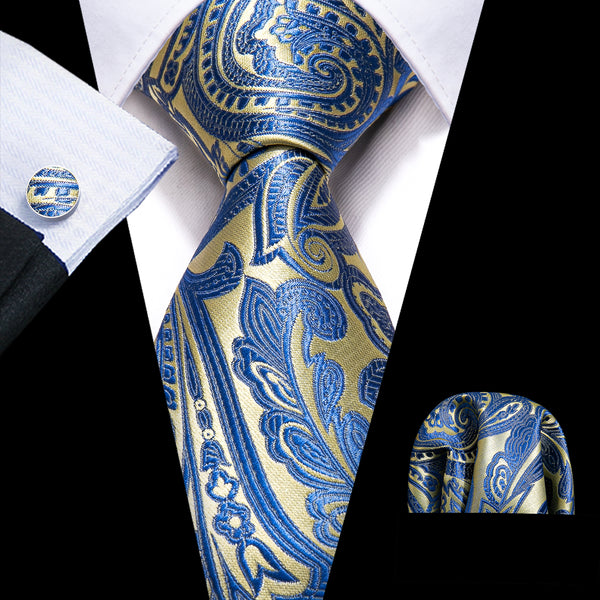 Shining Yellow Blue Paisley Silk Men's Necktie Pocket Square Cufflinks Set