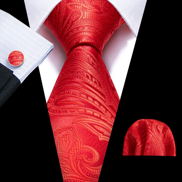 Fashion Red Paisley Silk Men's Necktie Pocket Square Cufflinks Set