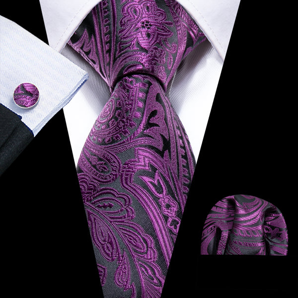 Fashion Black Purple Paisley Silk Men's Necktie Pocket Square Cufflinks Set