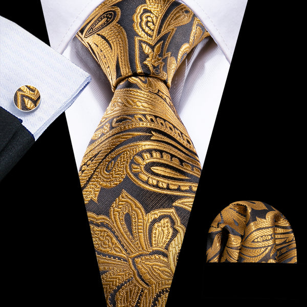 Fashion Black Golden Paisley Silk Men's Necktie Pocket Square Cufflinks Set