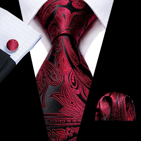 Shiny Black Red Paisley Silk Men's Necktie Pocket Square Cufflinks Set