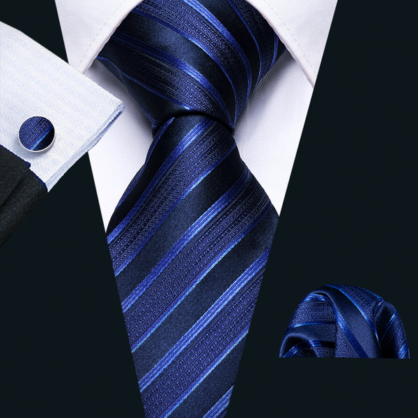 Royal Blue Striped Men's Tie Pocket Square Cufflinks Set