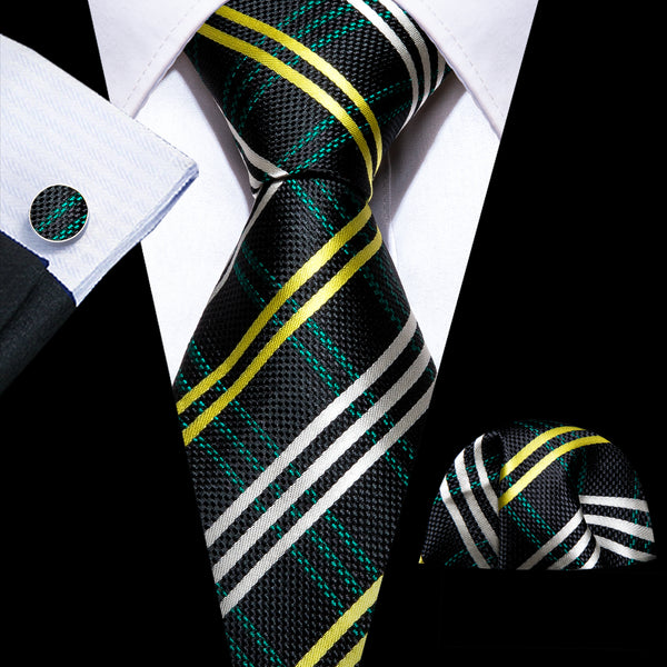 New Black Yellow White Striped Silk Men's Necktie Pocket Square Cufflinks Set